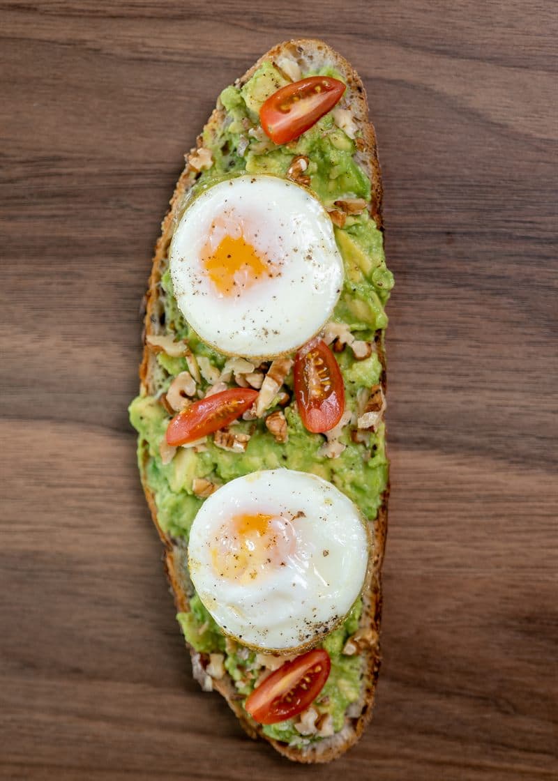 Avocado toast topped with two soft eggs and cherry tomatoes